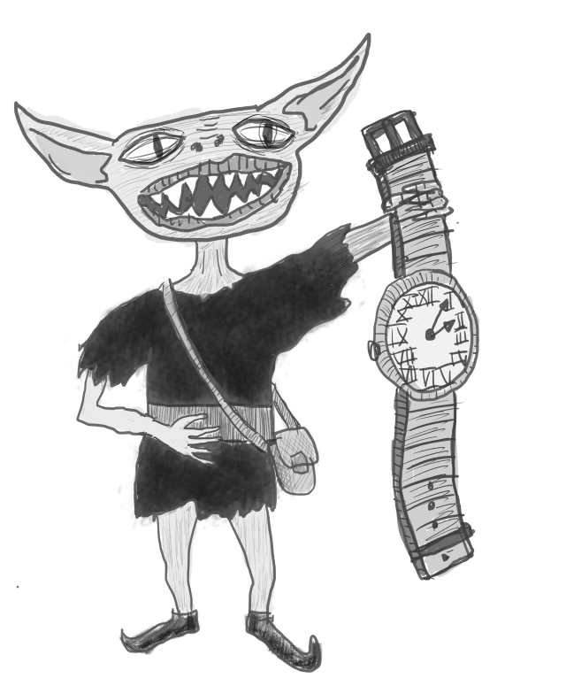 A Drow holding a watch