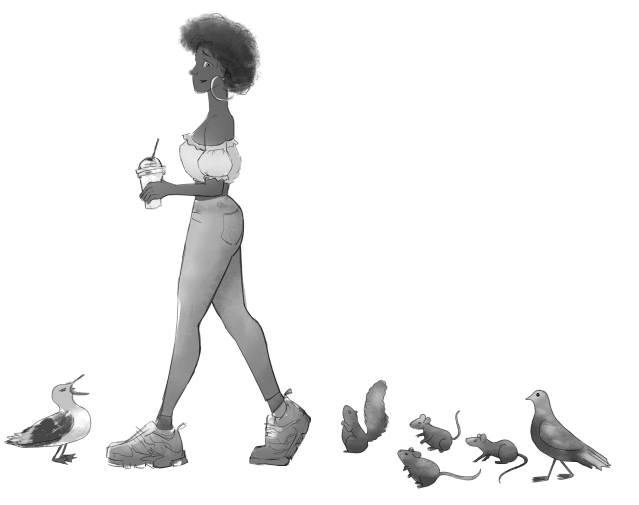 A woman looks concerned as animals flock around her whilst she walks along holding a drink.