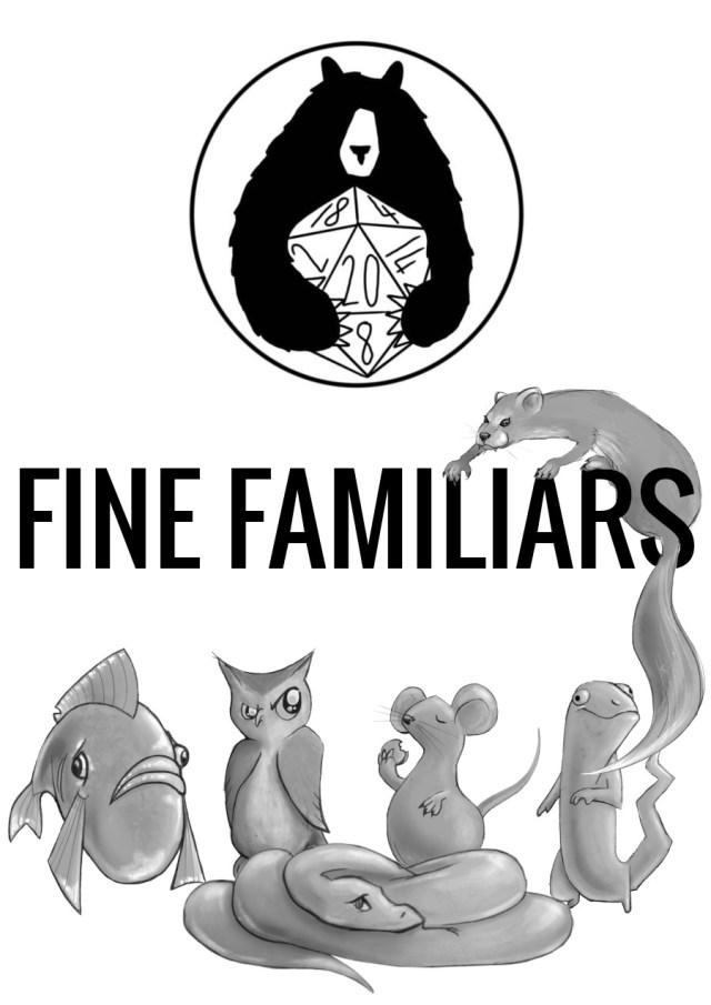 Fine Familiars cover, with Ursidice Bear logo and a gang of animals. A weasel is climbing over the title of the game.