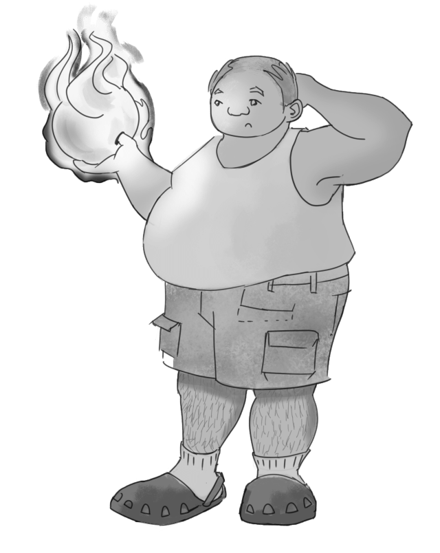 A balding and overweight man scratches his head with an embarrassed expression, whilst holding a flaming bowling ball.