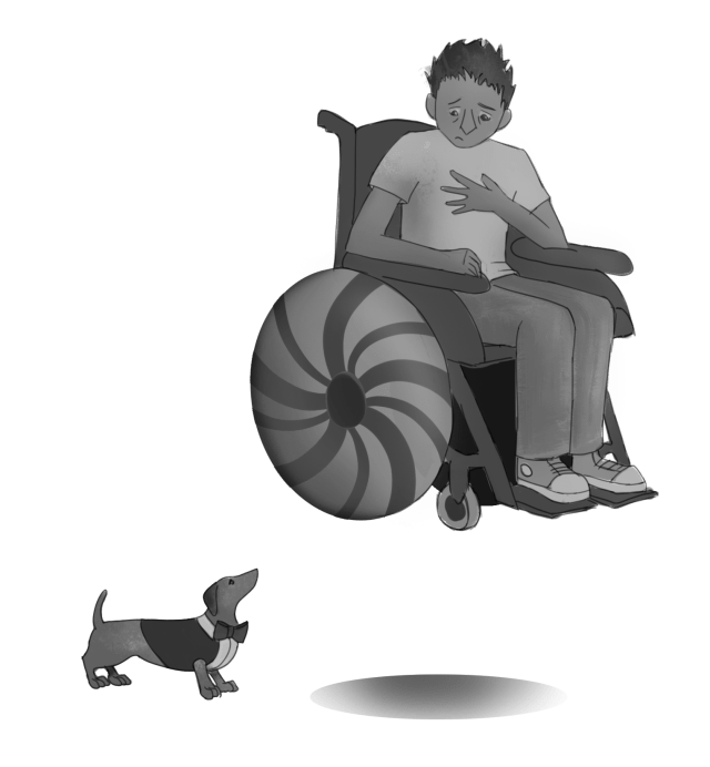 A man in a wheel chair, hovering above a sausage dog in a suit. Both look concerned.
