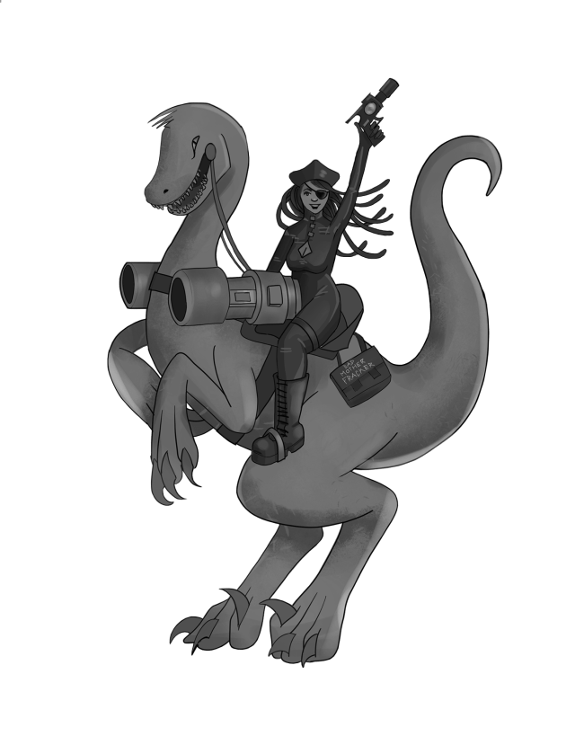 A female space pirate, holding a laser gun, riding a dinosaur with shoulder mounted laser cannons and a saddlebag that says 'Bad Motherfracker' on it.
