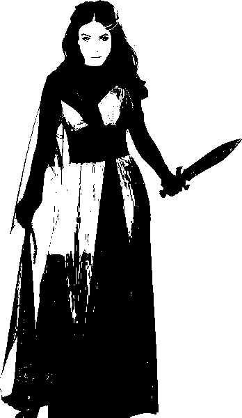 Woman in a Greek dress and headdress with a sword