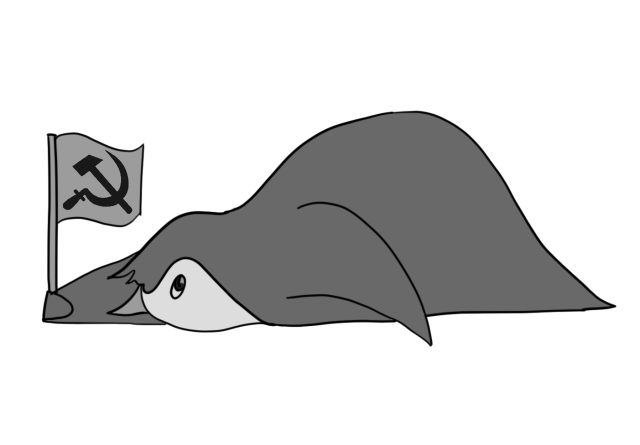Penguin lying down, waving a soviet flag