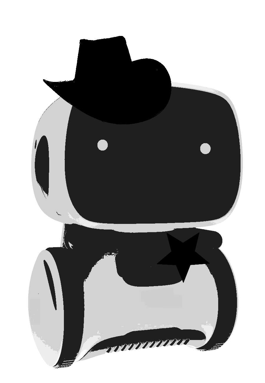 Robot with a screen for a face and two wheels, wearing a Stetsen