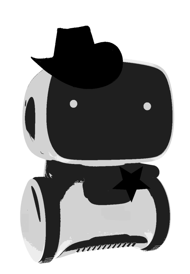 Robot with a screen for a face and two wheels, wearing a Stetsen