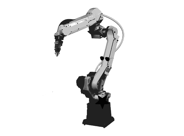 Factory construction line mechanical arm wearing aviator sunglasses and with a star-shaped sheriff's badge