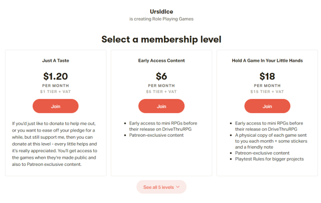 Patreon levels screenshot