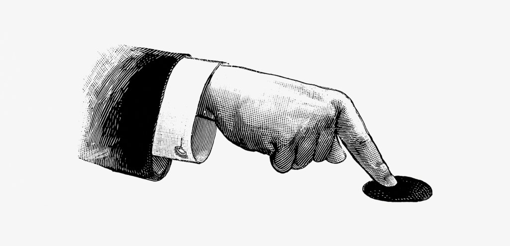 Disembodied arm wearing suit in Etching style with finger pushing button
