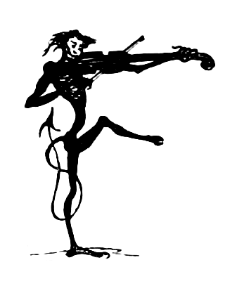 An imp, with one leg raised, playing a fiddle. Its proportions are much longer than those of a human.