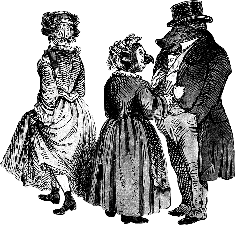 anthropomorphised animals wearing fancy clothes