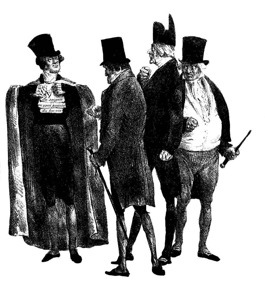 black and white image of various gentlemen in top hats and coats looking grumpy