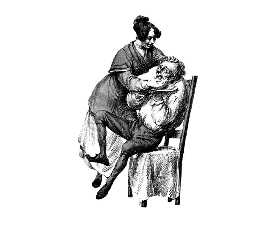 woman shaving a man - he looks well shocked