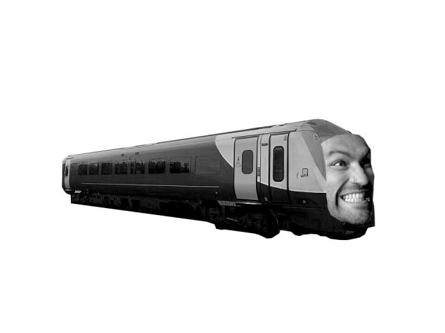 an electric train with a human face with an evil grin